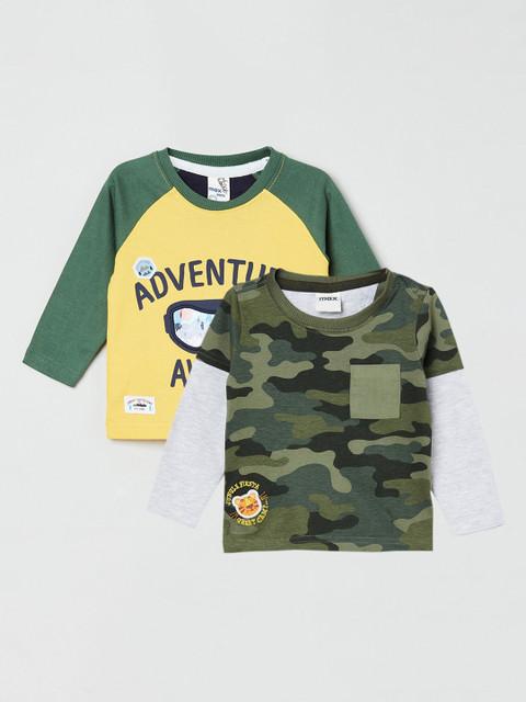 

max Boys Pack of 2 Printed Cotton T-Shirts, Olive