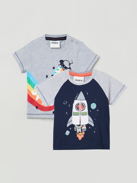 

max Boys Pack of 2 Printed Applique T-shirt, Navy blue