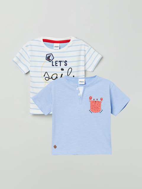 

max Boys Pack Of 2 White & Blue Striped & Printed Cotton T-shirt