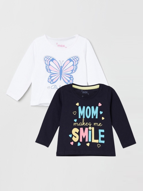 

max Girls Pack Of 2 Printed Round Neck Pure Cotton T-shirts, Navy blue