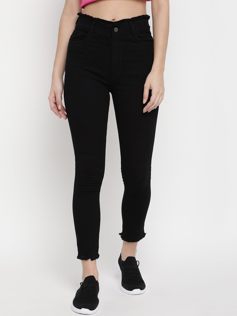 

V2 Value & Variety Women Black Solid Cotton Frayed Hem Crop Jeans
