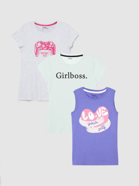 

max Girls Pack of 3 Typography Printed T-shirt, Blue
