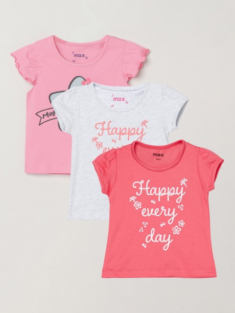 

max Girls Coral Pack of 3 Printed Puff Sleeves T-shirt