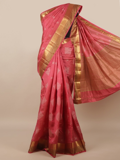 

Pothys Pink & White Ethnic Motifs Zari Jute Silk Saree