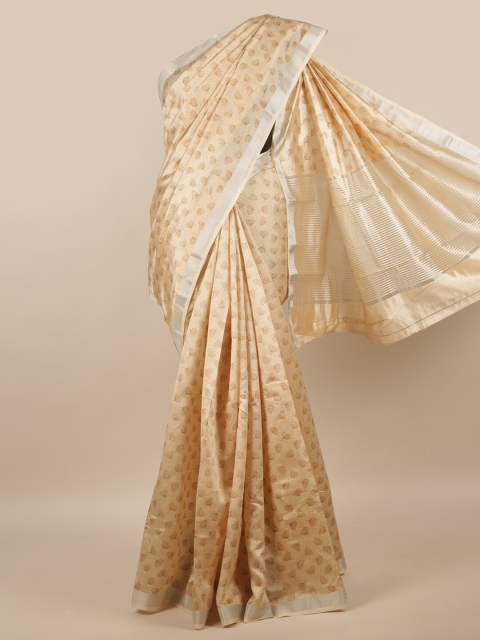 

Pothys Cream-Coloured & Silver-Toned Floral Jute Silk Saree