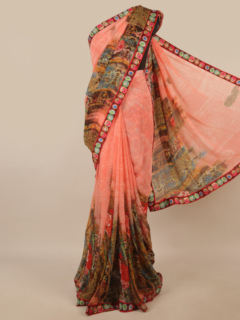 

Pothys Pink Printed Poly Chiffon Saree