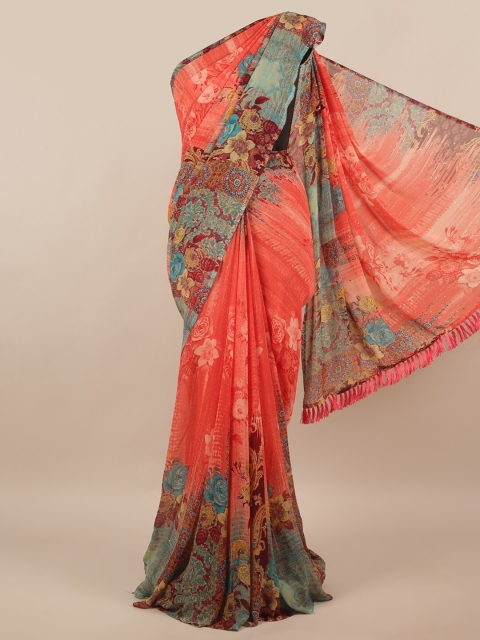 

Pothys Peach-Coloured & Blue Floral Poly Chiffon Saree