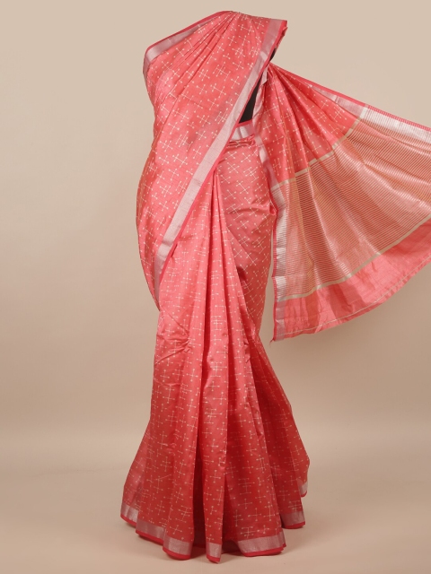 

Pothys Pink & Silver-Toned Zari Jute Silk Saree