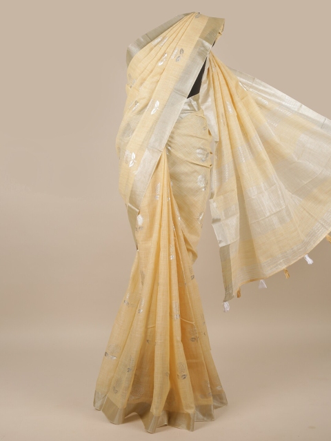 

Pothys Cream-Coloured & Silver-Toned Woven Design Zari Linen Blend Saree