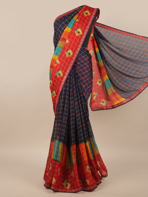 

Pothys Blue & Red Checked Poly Chiffon Saree