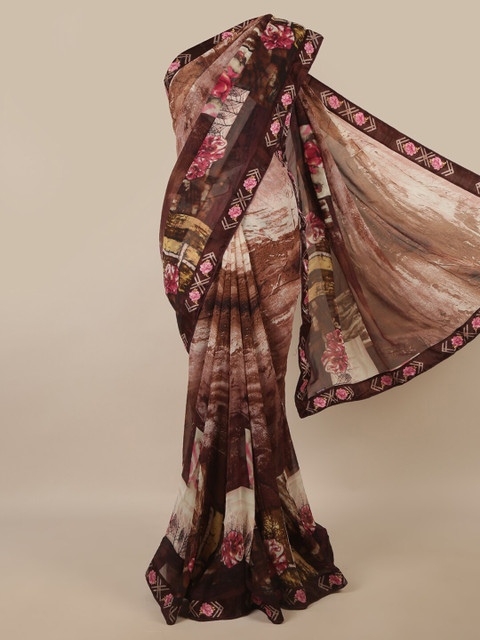 

Pothys Brown & Pink Floral Poly Chiffon Saree