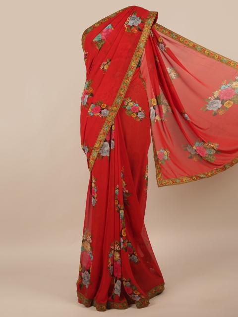 

Pothys Red & Green Floral Poly Chiffon Saree