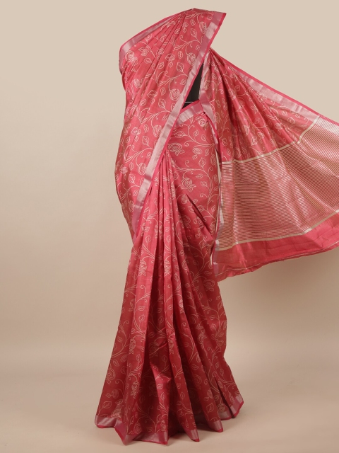 

Pothys Pink & Silver-Toned Floral Zari Jute Silk Saree