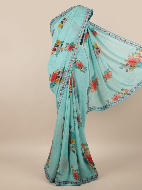 

Pothys Blue & Red Floral Poly Chiffon Saree