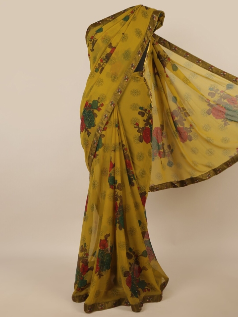 

Pothys Olive Green & Red Floral Poly Chiffon Saree