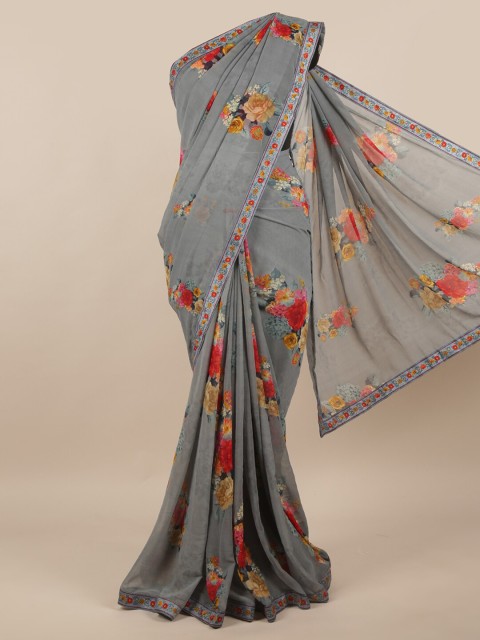 

Pothys Grey & Brown Floral Poly Chiffon Saree