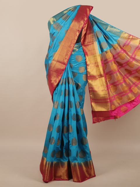 

Pothys Blue & Gold-Toned Floral Zari Jute Silk Saree