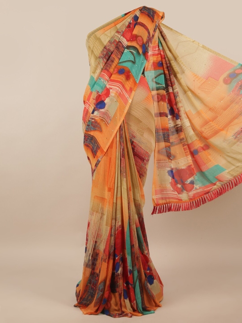 

Pothys Cream-Coloured & Red Poly Chiffon Saree