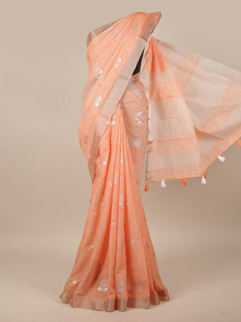 

Pothys Peach-Coloured & Silver-Coloured Ethnic Motifs Linen Blend Saree