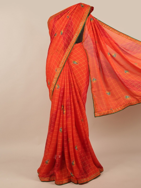 

Pothys Orange & Green Checked Poly Chiffon Saree