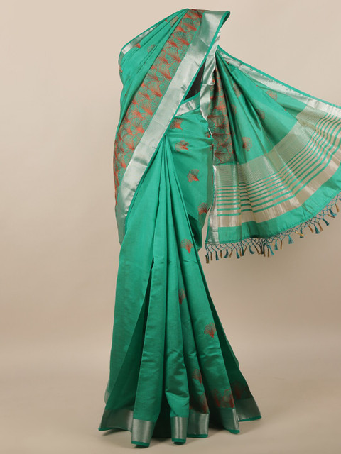 

Pothys Green & Red Floral Zari Jute Silk Saree