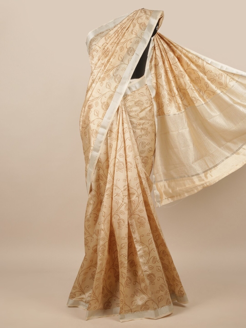 

Pothys Cream-Coloured & Silver-Toned Floral Zari Jute Silk Saree