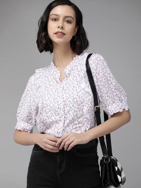 

Van Heusen White & Pink Floral Print Mandarin Collar Top