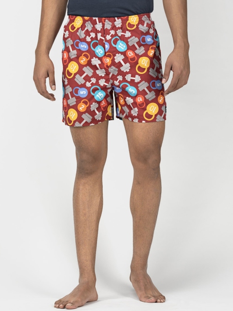 

wHAT'S DOwn Men Maroon & Grey Printed Pure Cotton Boxer