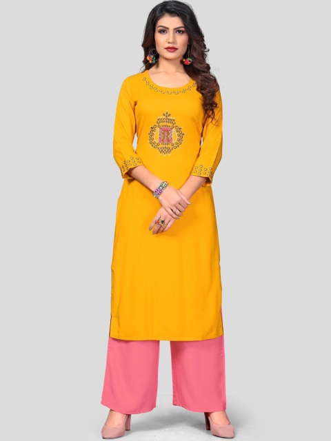 

KALINI Women Yellow Embroidered Layered Kurti with Palazzos