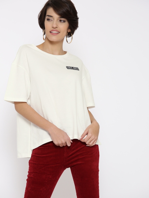 

FOREVER 21 Women Off-White High Slit Boxy Top