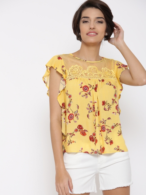 

FOREVER 21 Women Yellow & Orange Floral Print A-Line Top