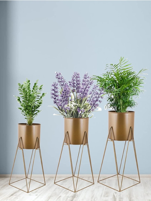 

Leafy Tales Set Of 3 Gold-Toned Solid Planters With Stand