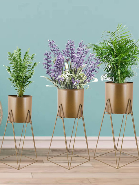 

Leafy Tales Set Of 3 Gold-Toned Solid Planter With Stand