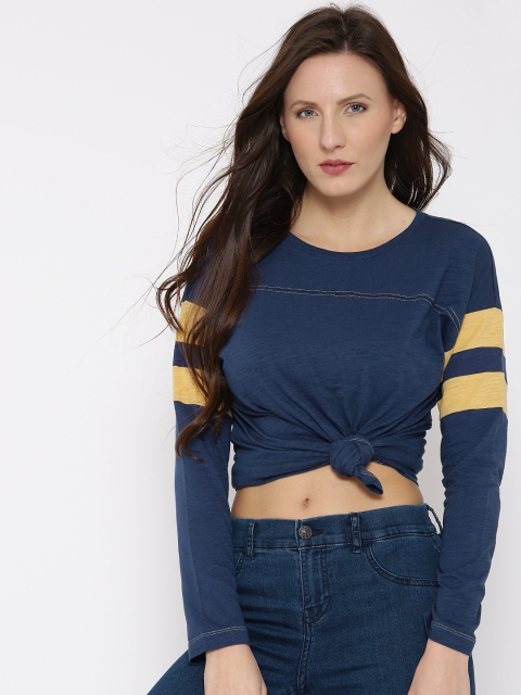 

FOREVER 21 Women Blue Solid Round Neck Pure Cotton T-shirt