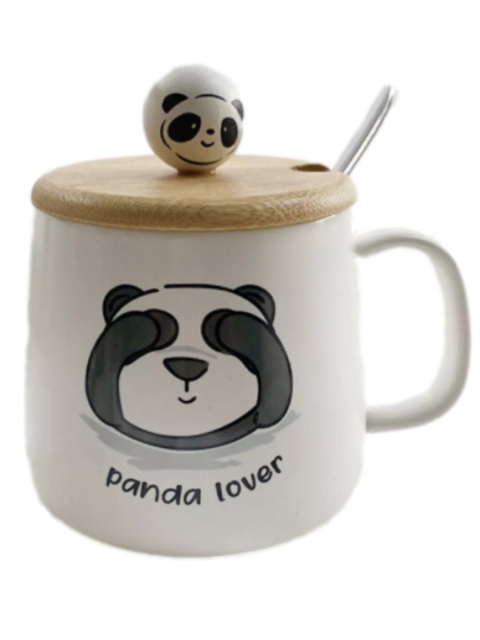 

BonZeaL White & Black Panda Printed Ceramic Glossy Mug With Lid & Spoon 350 ml