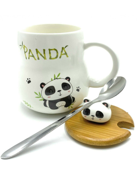 

BonZeaL White & Black Panda Printed Ceramic Glossy Mug With Lid & Spoon 3400 ml
