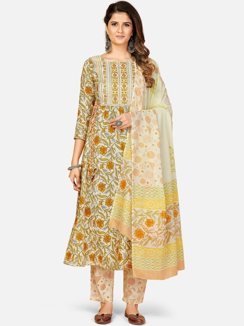 

KALINI Women Yellow Printed Panelled Thread Work Pure Cotton Kurti with Trousers & With Dupatta