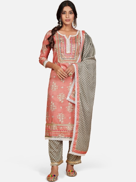 

KALINI Women Pink Floral Printed Thread Work Kurti with Trousers & With Dupatta