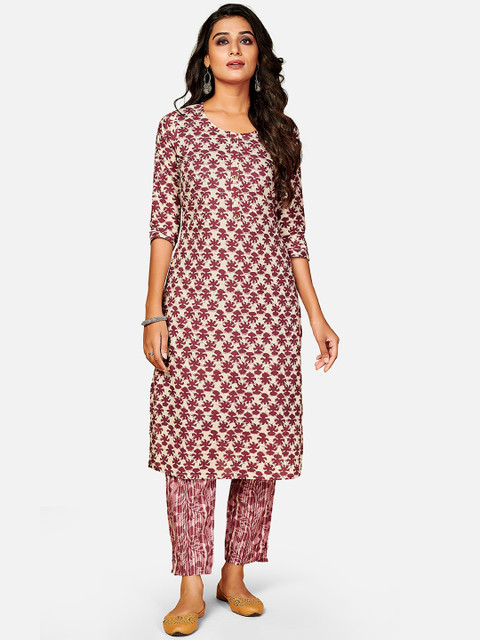 

KALINI Women Maroon Floral Printed Pure Cotton Kurti with Trousers
