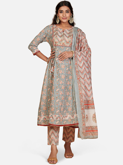 

KALINI Women Grey & Coral Ethnic Motifs Printed Thread Work Pure Cotton Anarkali Kurta Set