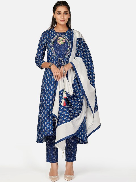

KALINI Women Blue Ethnic Motifs Printed Angrakha Thread Work Pure Cotton Kurta with Trousers & With Dupatta