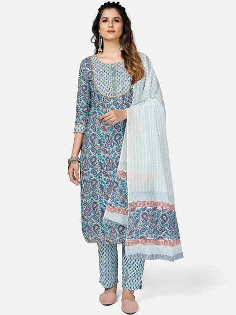 

KALINI Women Blue Ethnic Motifs Printed Gotta Patti Pure Cotton Kurta with Trousers & With Dupatta