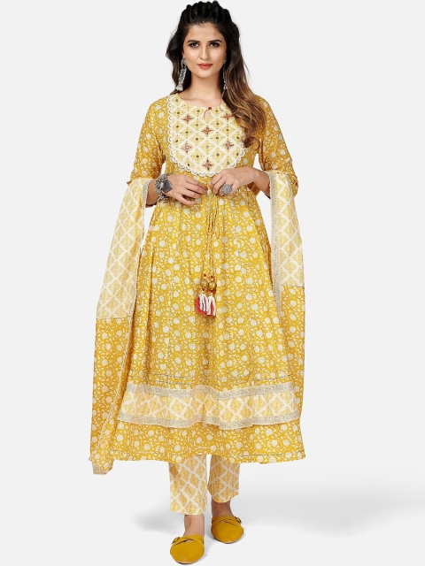 

KALINI Women Yellow Floral Printed Thread Work Pure Cotton Kurta with Trousers & With Dupatta