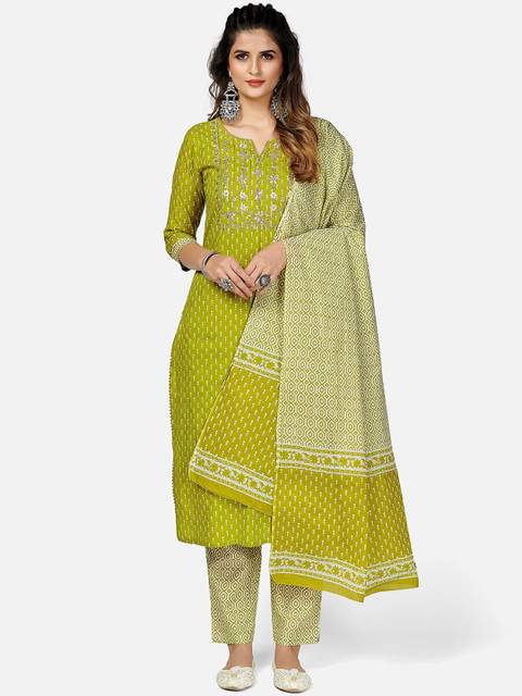

KALINI Women Green Ethnic Motifs Printed Panelled Thread Work Pure Cotton Kurta with Trousers & With Dupatta