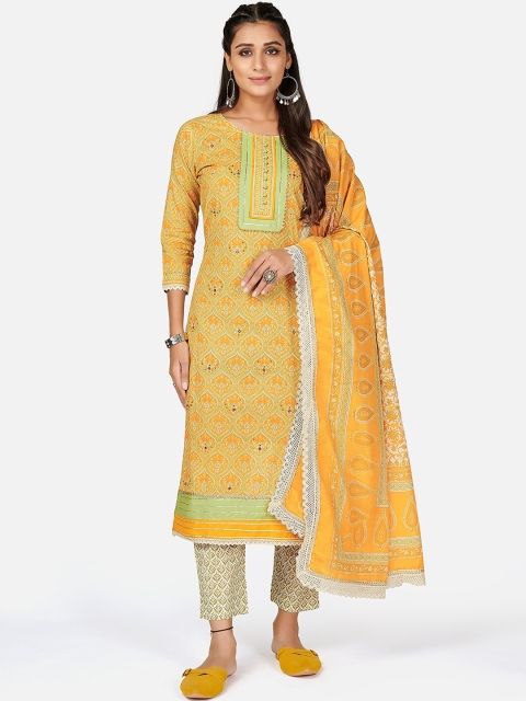 

KALINI Women Yellow Ethnic Motifs Printed Sequinned Pure Cotton Kurta with Trousers & With Dupatta