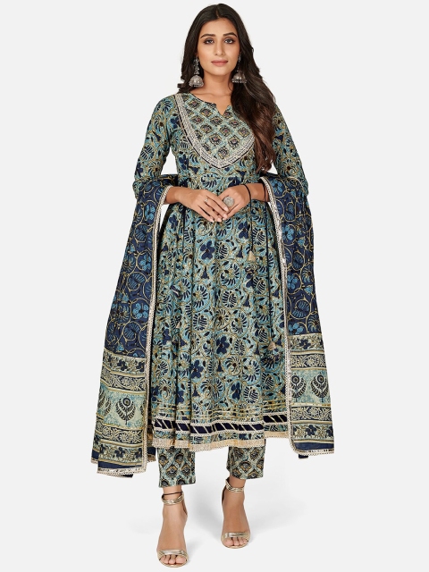 

KALINI Women Blue Floral Printed Pleated Thread Work Pure Cotton Kurta with Trousers & With Dupatta