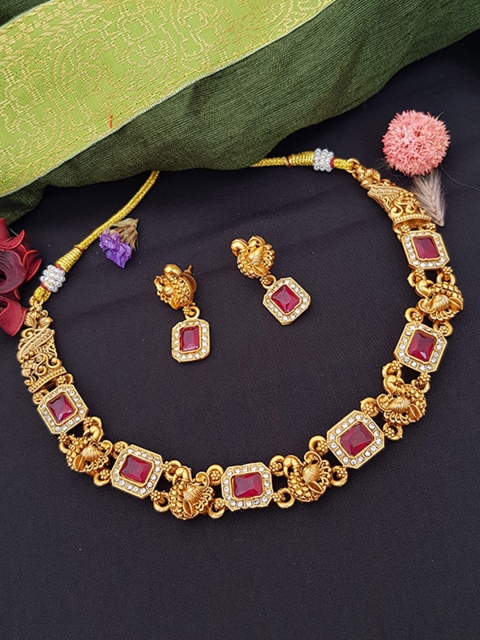 

GRIIHAM Gold-Plated Red & White Stone-Studded Jewellery Set