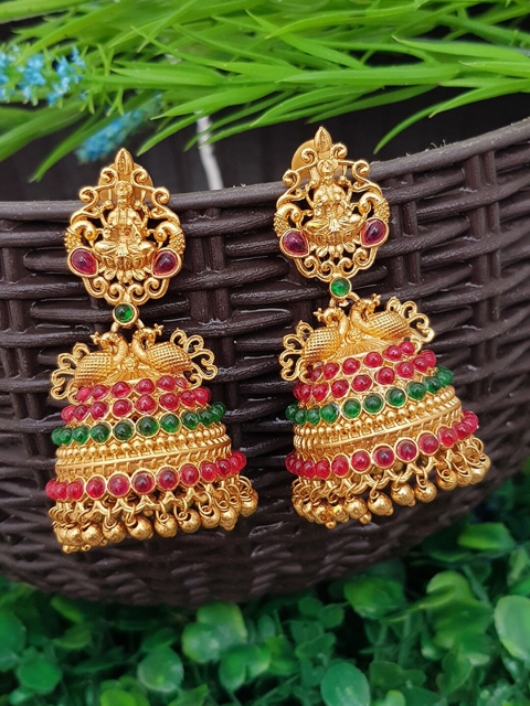 

GRIIHAM Gold-Toned & Red Dome Shaped Jhumkas Earrings