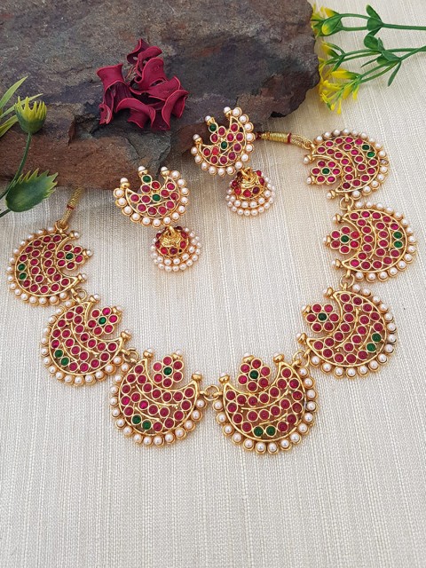 

GRIIHAM Gold-Plated Pink & Green AD Studded Jewellery Set