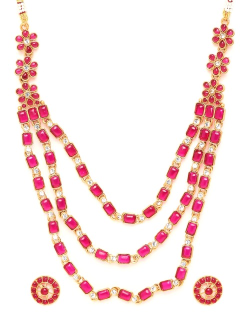 

GRIIHAM Gold-Plated Pink & White AD Stone Studded Layered Jewellery Set
